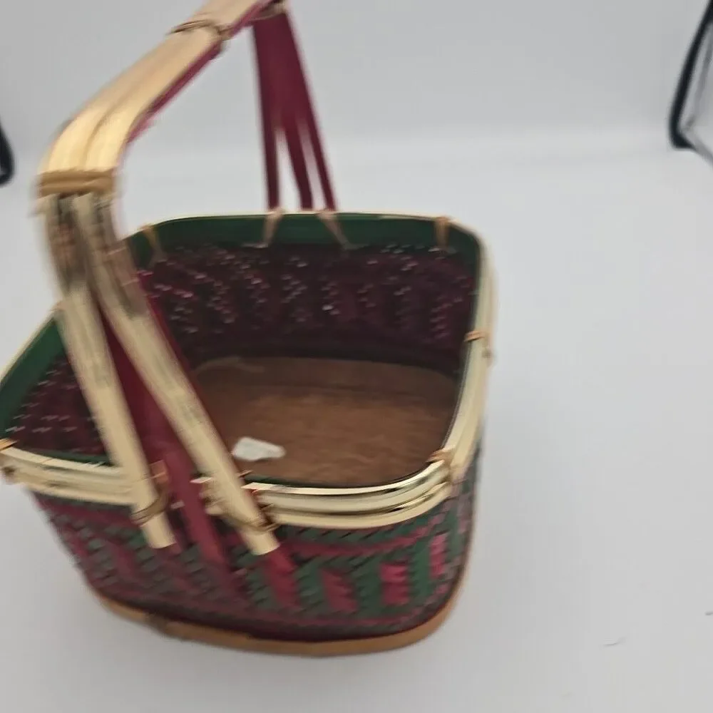 Vintage Red & Green Woven Basket Handmade 6.5